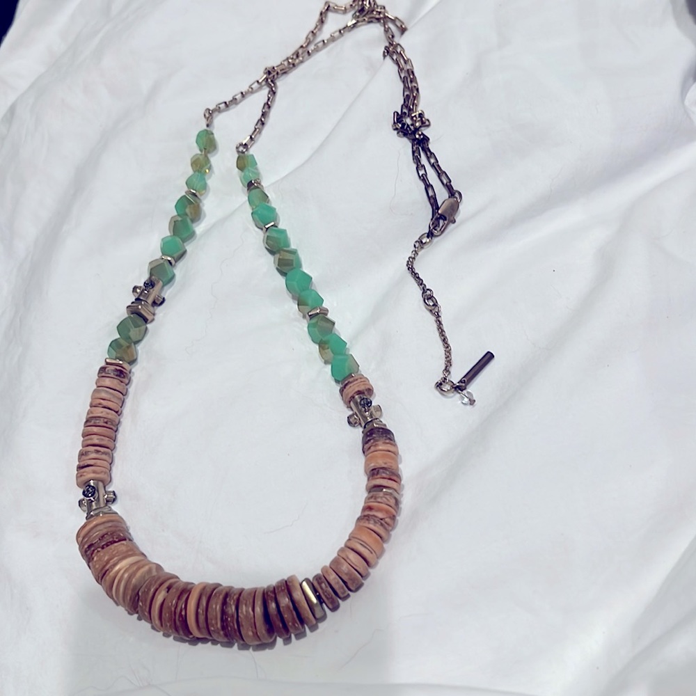 Kenneth Cole XL Green Stone Wood Bead  Metal Accent Necklace